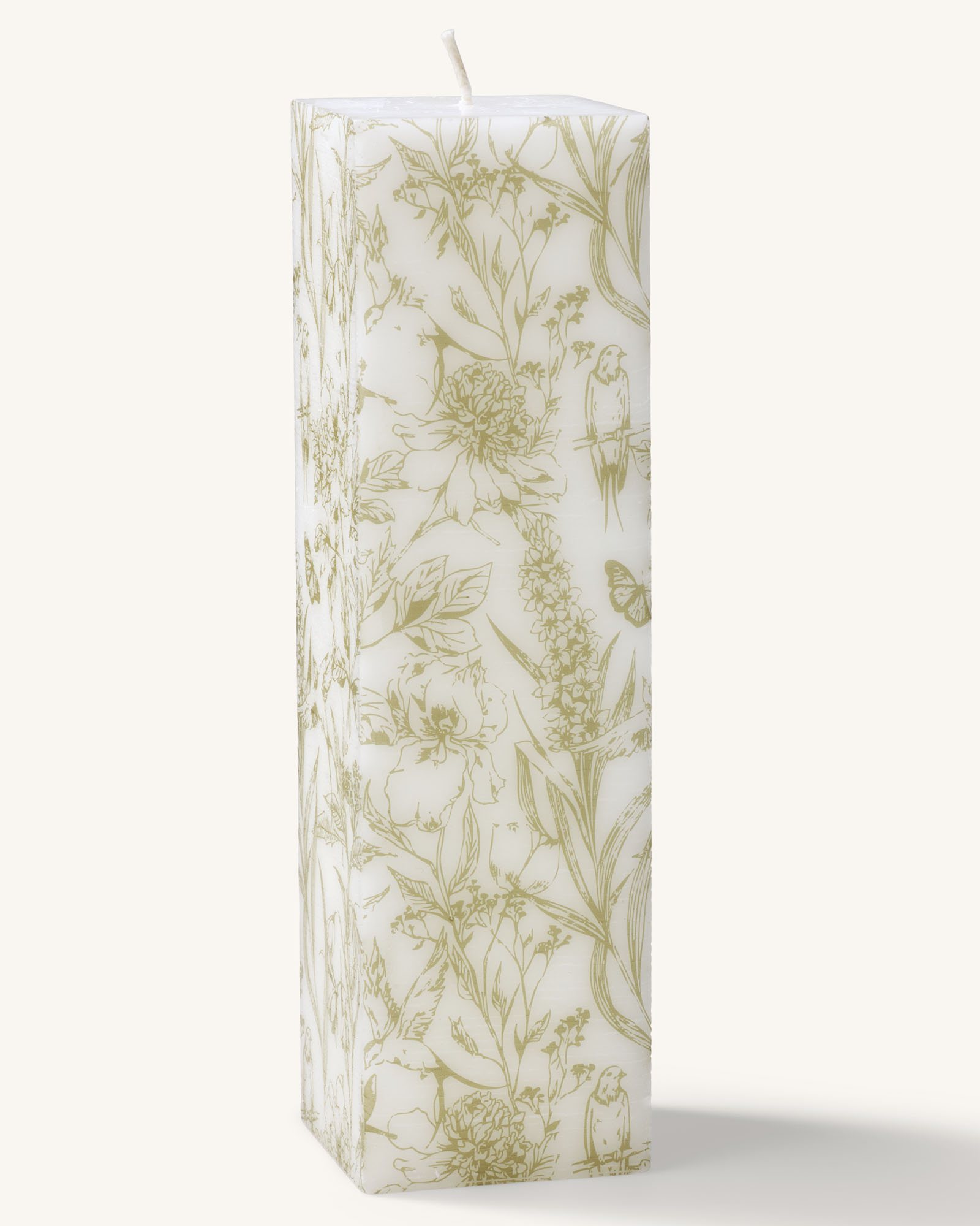 Polar- vierkante kaars wit met prachtige olijfgroene print (120 branduren)